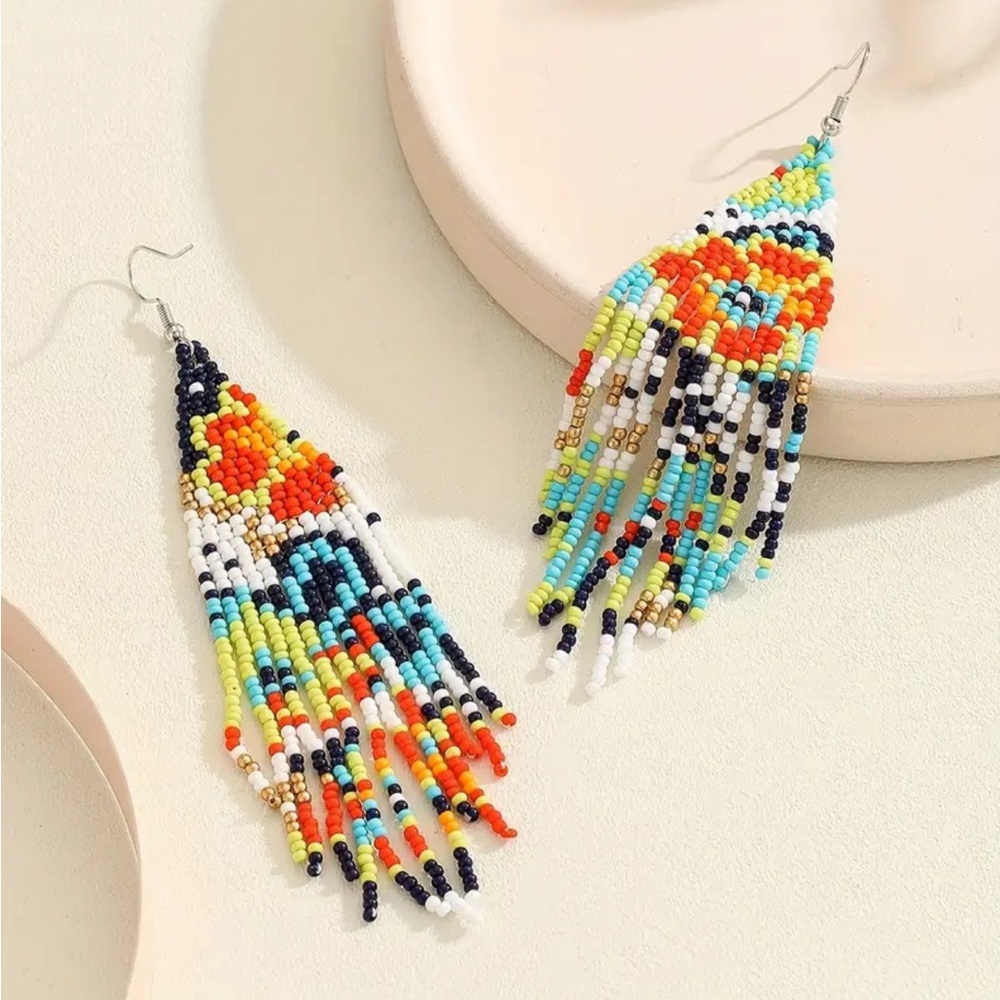 Colorful Floral Beaded Tassel Dangle Earrings - Picture 3 of 4